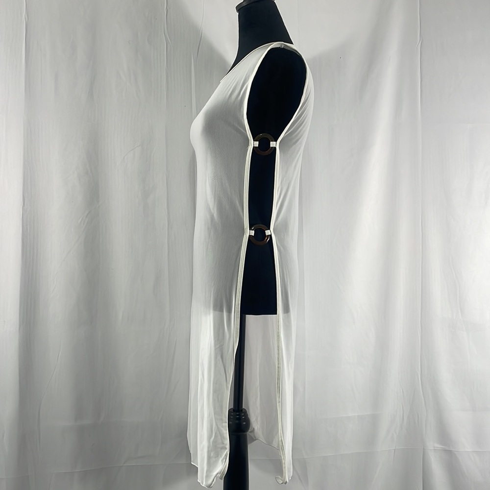 Sheer white sleeveless swim cover, tunic, top, peek a boo slits on side, Large - Picture 4 of 10
